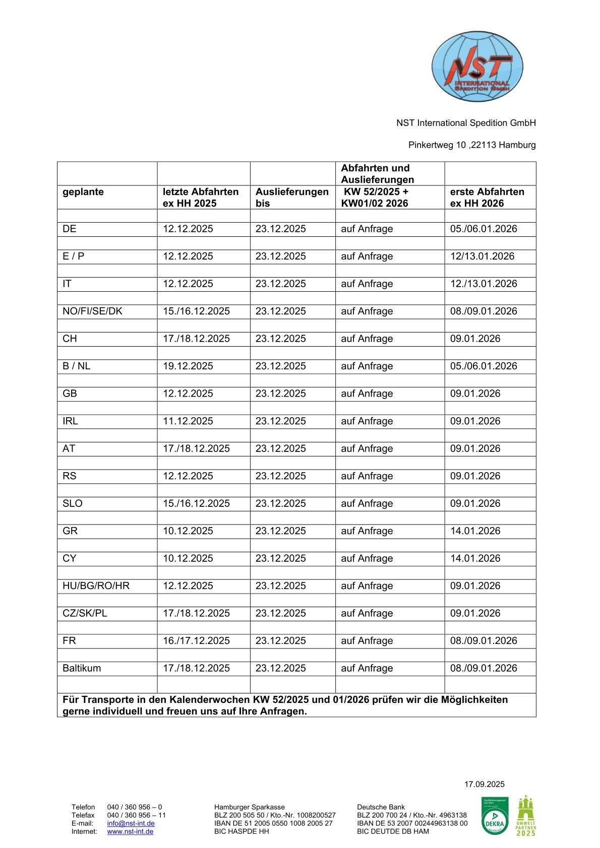 Letzte Abfahrten 2025 & erste Abfahrten 2026