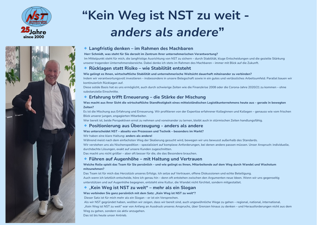 Karsten Schmidt im Gespräch: 25 Jahre „Kein Weg ist NST zu weit“ – wenn Strategien, Zahlen und Menschen zusammenwirken.